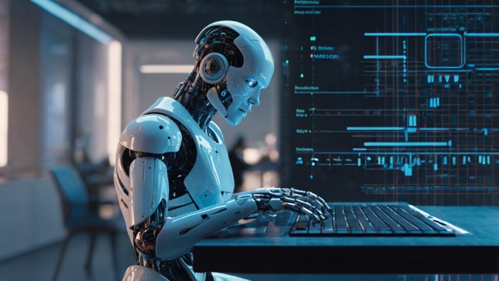 leonardo kino xl futuristic ai robot typing on a digital keybo 0