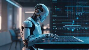 leonardo kino xl futuristic ai robot typing on a digital keybo 0